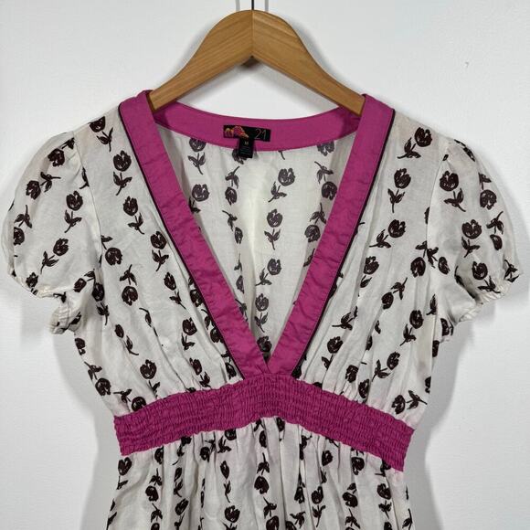 Women Top M Pink Brown Floral Babydoll 100% Cotton Y2K Smocked Waist Spring - Picture 6 of 7